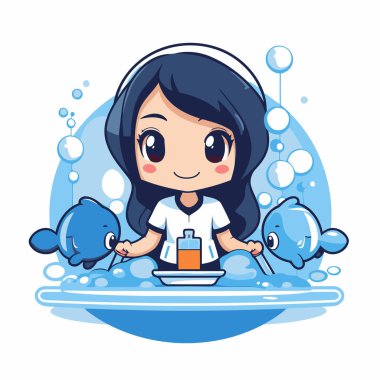 Havuzda balık yıkayan sevimli çizgi film kızı. Vektör illüstrasyonu.