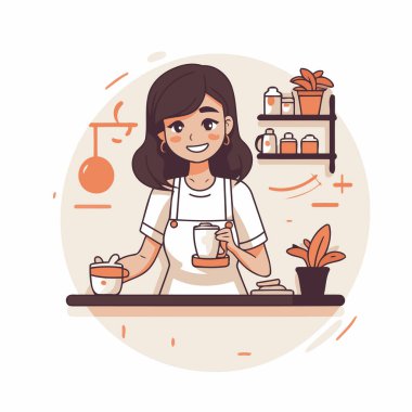 Önlüklü kadın kahve yapıyor. Düz vektör illüstrasyonu.