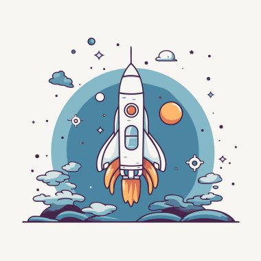 Uzay roketi uzayda uçuyor. Düz biçimli vektör illüstrasyonu.