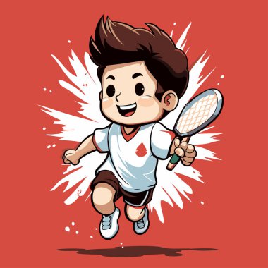 Tenis oynayan bir çocuk. Tenis oynayan bir çizgi film çocuğunun vektör illüstrasyonu.