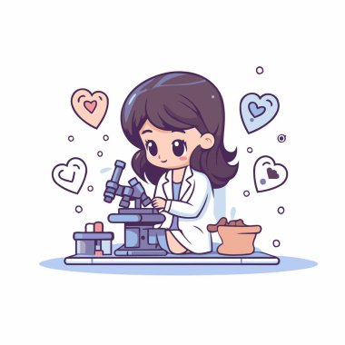 Laboratuvarda bilimsel araştırma yapan sevimli küçük bir kız. Vektör illüstrasyonu.