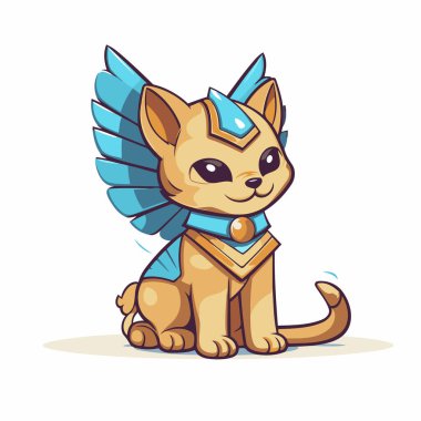 Kanatlı şirin çizgi film kedisi. Beyaz arkaplanda vektör illüstrasyonu.