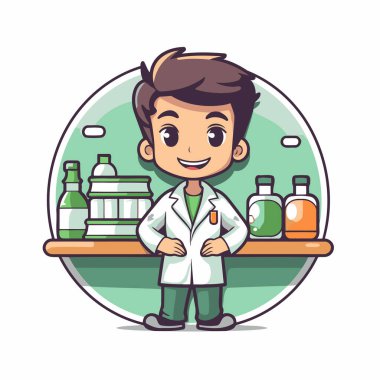 Çizgi filmci çocuk eczacı karakter. Çizgi film tarzında vektör illüstrasyonu.