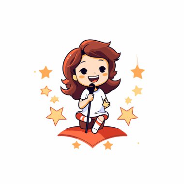 Sevimli küçük kız karaoke yapıyor. Çizgi film tarzında vektör illüstrasyonu