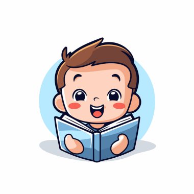 Kitap okuyan sevimli küçük bir çocuk. Vektör çizgi film karakteri çizimi.