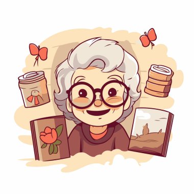 Gözlükleri ve kitabı olan sevimli çizgi film yaşlı kadın. Vektör illüstrasyonu.