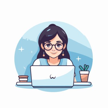 Evde dizüstü bilgisayarla çalışan genç bir kadın. Düz biçim vektör illüstrasyonu.