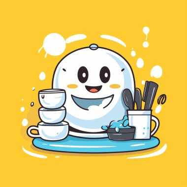 Kahve fincanı ile sevimli kawaii kardan adam. Vektör illüstrasyonu.