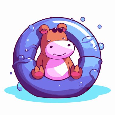 Şişme halkada şirin bir çizgi film hipopotamı. Vektör illüstrasyonu.