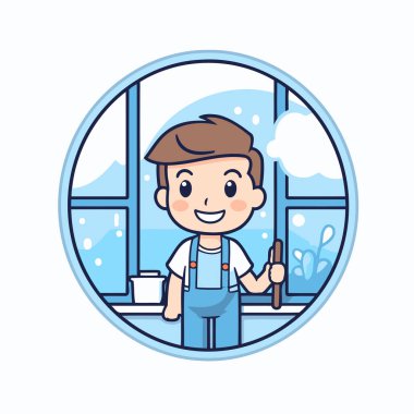 Evde sevimli bir çizgi film çalışanı var. Vektör düz resimleme.