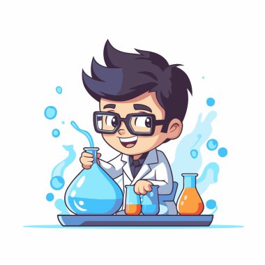 Bilim adamı çocuk çizgi film karakteri. Düz bir şekilde vektör illüstrasyonu.