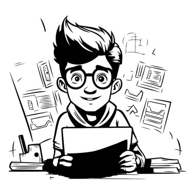 Ofiste kitap okuyan gözlüklü bir gencin vektör çizimi..