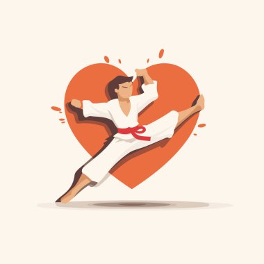 Kırmızı kalpli karateci kız. Çizgi film tarzında vektör illüstrasyonu.