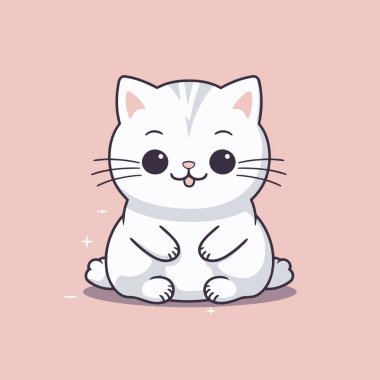 Pembe arka planda oturan sevimli beyaz kedi. Vektör illüstrasyonu.
