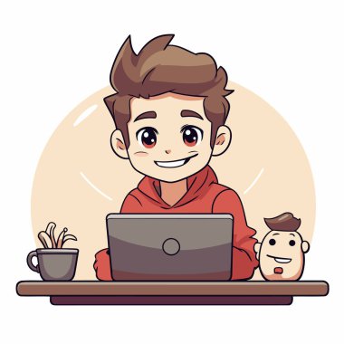 Evde dizüstü bilgisayarla çalışan sevimli çizgi film çocuğu. Vektör illüstrasyonu.