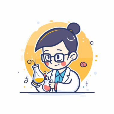 Test tüpü olan bilim kadını. Düz biçimli vektör illüstrasyonu.