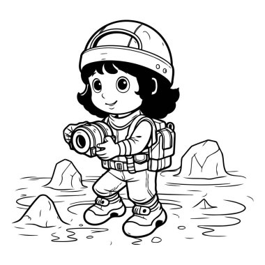 Kasklı ve kameralı küçük bir kızın vektör çizimi..