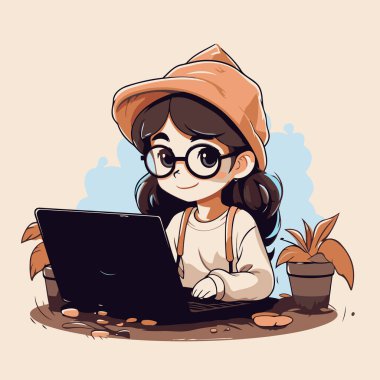 Şapkalı ve gözlüklü şirin bir kız dizüstü bilgisayarla çalışıyor. Vektör illüstrasyonu.
