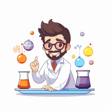 Laboratuvar önlüklü ve gözlüklü bilim adamı test tüpleriyle çalışıyor. Vektör illüstrasyonu.