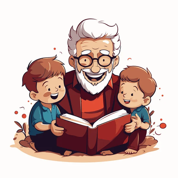 Nonno Che Legge Libro Con Nipoti Illustrazione Del Cartone Animato — Vettoriale Stock