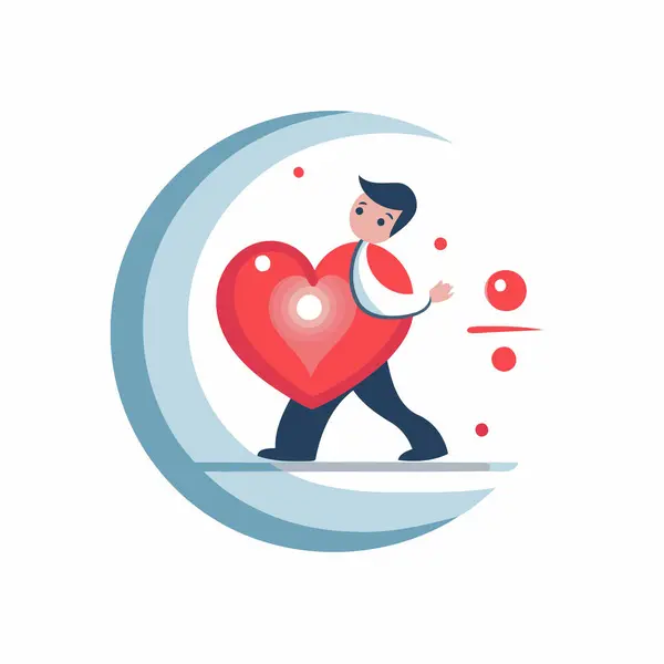 赤い心臓を白い背景に抱えている男性のベクトルイラスト フラットスタイル — ストックベクタ
