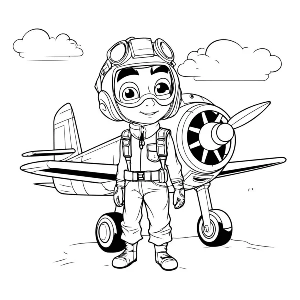 Aviador Menino Com Desenhos Animados Avião Preto Branco Vetor Ilustração — Vetor de Stock