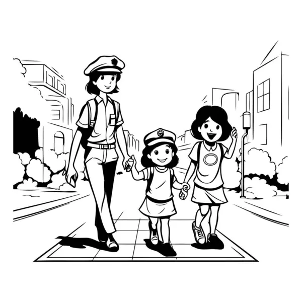 Donna Della Polizia Con Bambino Città Illustrazione Vettoriale Bianco Nero — Vettoriale Stock