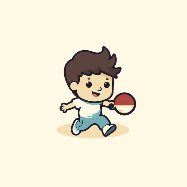 Carino Ragazzo Giocare Ping Pong Cartone Animato Mascotte Personaggio Illustrazione — Vettoriale Stock