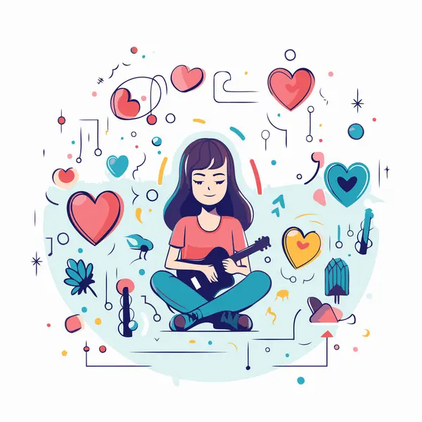 Vector Illustration Girl Playing Guitar White Background Music Concept — Stock Vector