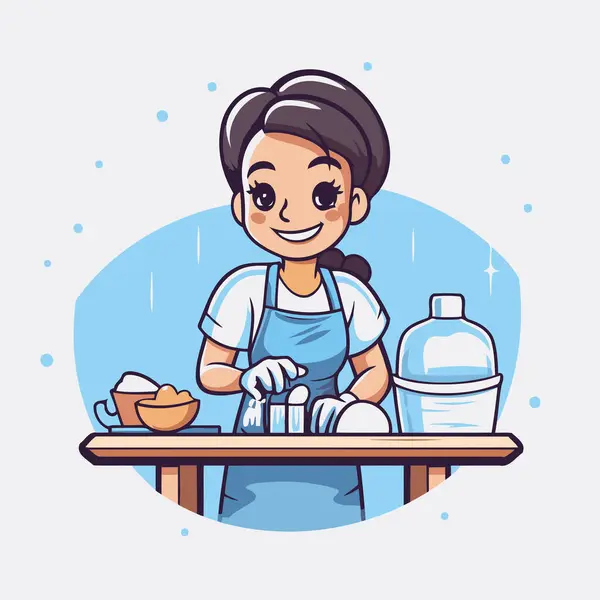 Cute Cartoon Woman Washing Dishes Kitchen Vector Illustration — Stock Vector