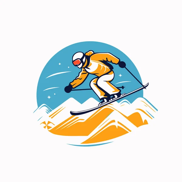Значок Катания Лыжах Векторная Иллюстрация Лыжника Шлеме Очках Лыжном Спуске — стоковый вектор