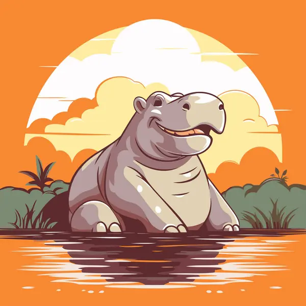 Hippopotame Dans Rivière Illustration Vectorielle Style Plat — Image vectorielle