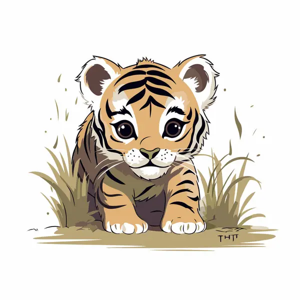 可爱的老虎坐在草地上 在白色背景上孤立的向量图 — 图库矢量图片