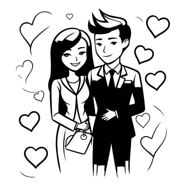 心に恋するカップル 漫画スタイルのベクトルイラスト — ストックベクタ