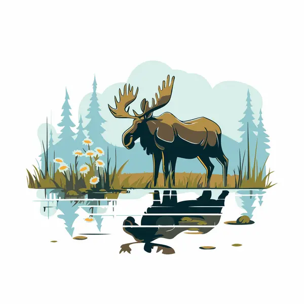 Vector Illustration Moose Swamp Mountain Landscape — Stock Vector