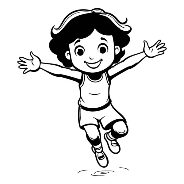 Ilustração Desenhos Animados Preto Branco Uma Menina Saltando Correndo — Vetor de Stock