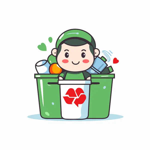 Rapaz Giro Atirar Lixo Para Caixote Lixo Ilustração Vetorial — Vetor de Stock