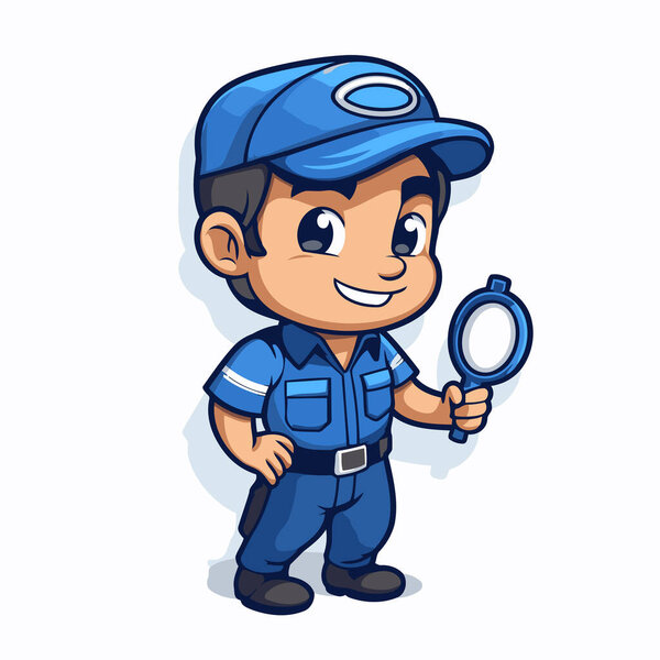 Illustration of a Kid Boy Wearing Blue Uniform Holding a Magnifying Glass