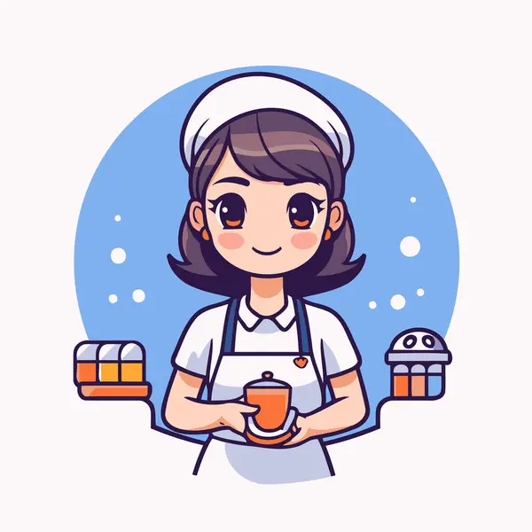 Coffee Shop Concept Cute Cartoon Woman Holding Cup Coffee Vector — Stock Vector