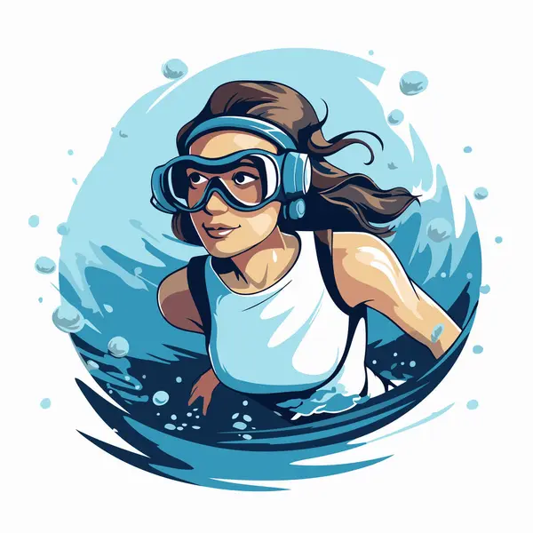 Kasklı ve gözlüklü sörfçü kız okyanusta yüzüyor. Vektör illüstrasyonu.