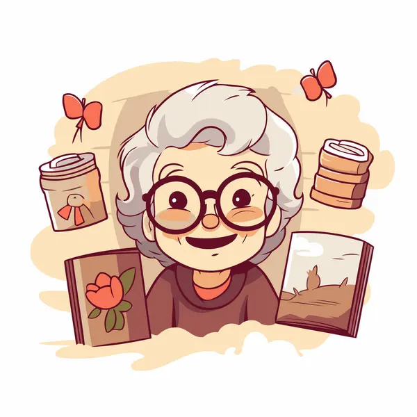 Gözlükleri ve kitabı olan sevimli çizgi film yaşlı kadın. Vektör illüstrasyonu.