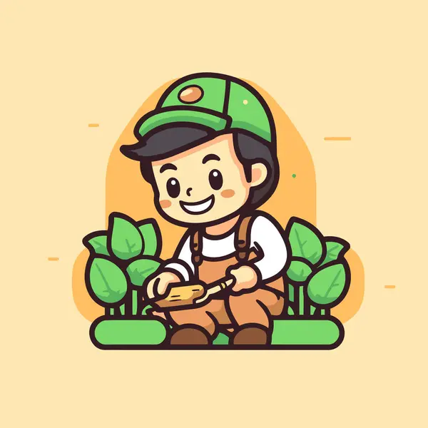 Cute Boy Cartoon Character Playing Garden Vector Illustration — Stock Vector