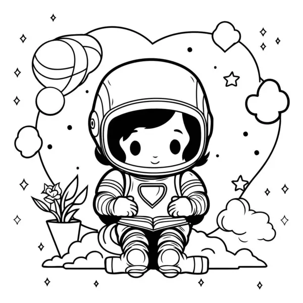 Astronaut Chlapec Kreslený Vektor Ilustrační Grafický Design Černé Bílé — Stockový vektor