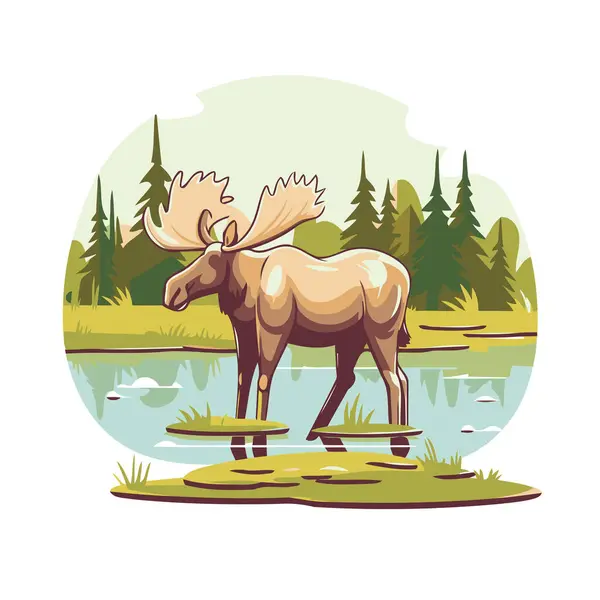 Moose River Bank Vector Illustration Cartoon Style — Stock Vector