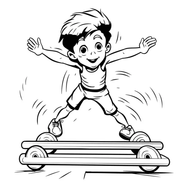 Boy Riding Skate Black White Cartoon Illustration Inglês Vetor — Vetor de Stock
