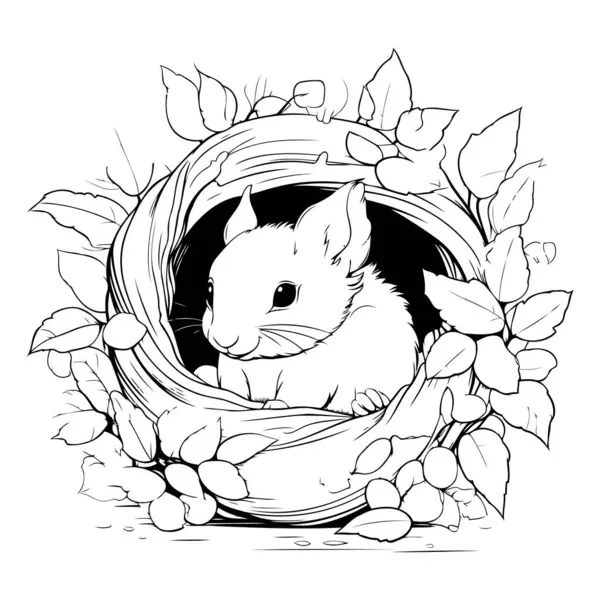 Black White Vector Illustration Cute Little Hamster Basket — Stock Vector
