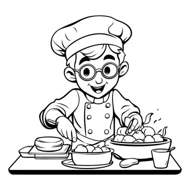 Aşçı şapkalı ve gözlüklü bir çocuğun çizgi film çizimi.