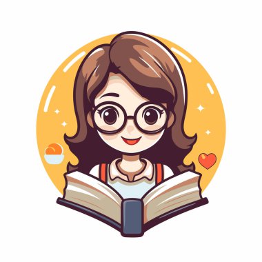 Kitap okuyan tatlı bir kız. Çizgi film tarzında vektör illüstrasyonu.