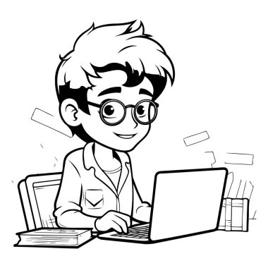 Genç Öğrencinin Evde Dizüstü bilgisayarla Çalışmasının Siyah ve Beyaz Çizgi Filmleri