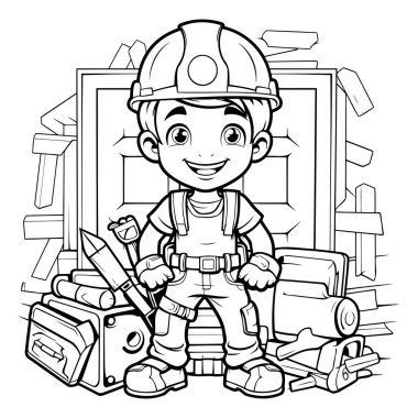 Çocuk İnşaat İşçisi Çizgi Roman Karakterinin Siyah ve Beyaz Çizgi Filmleri